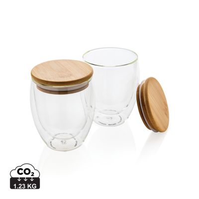 Dvoslojna borosilikatna čaša s poklopcem od bambusa 250ml 2kom set